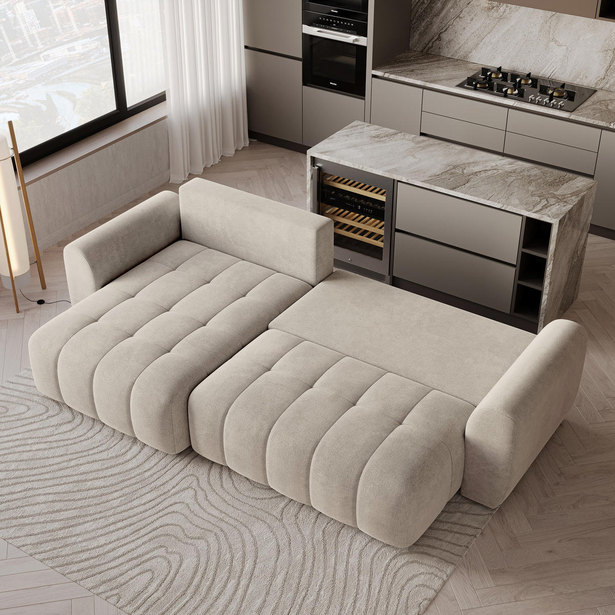 ECKSOFA MODARO CL Creme Samtstoff mit Schlaffunktion - Creme, Holzwerkstoff/Textil (285/148cm) - MASSENO