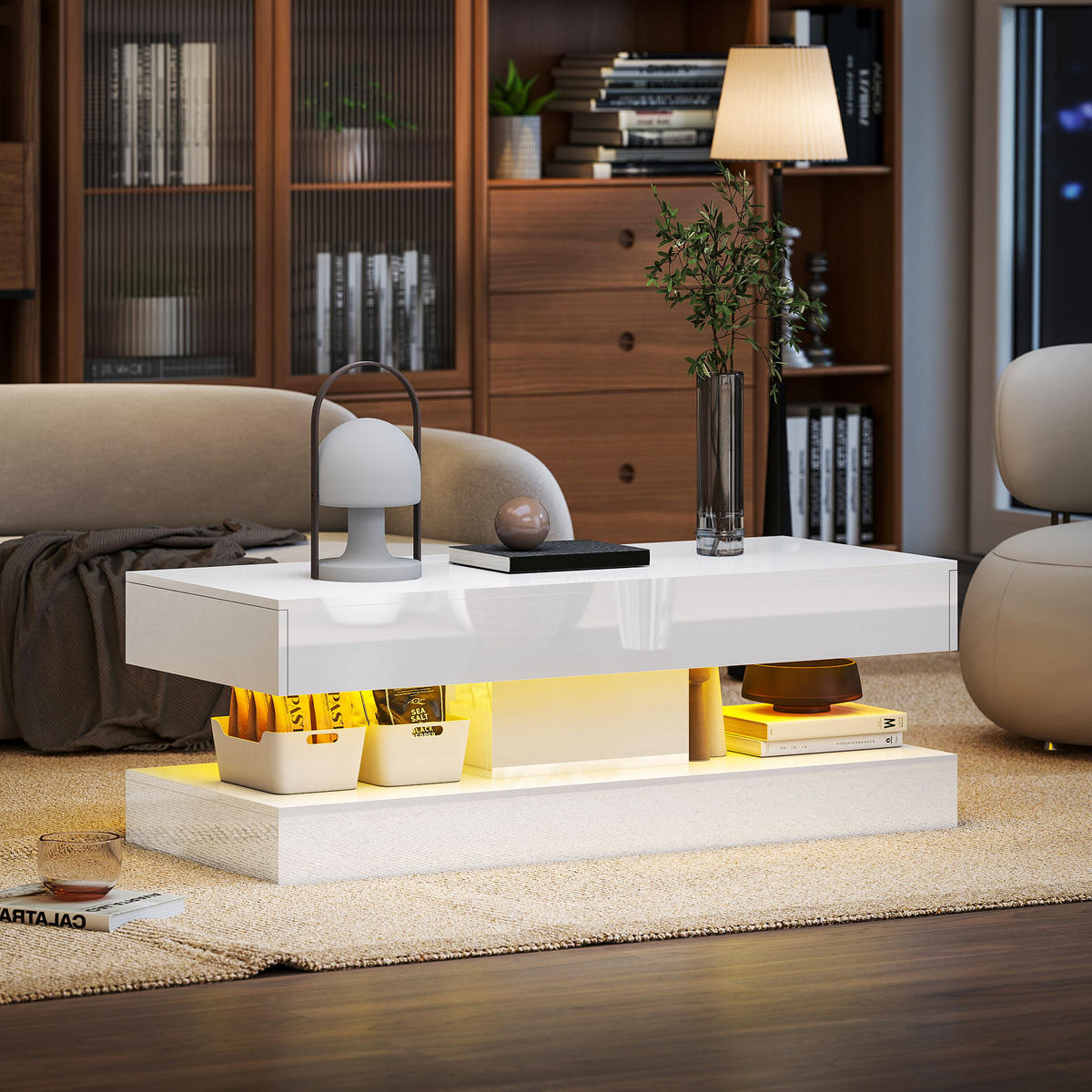 COUCHTISCH Wohnzimmertisch Hochglanz mit LED Beleuchtung, Stauraum Weiß - Weiß, Holzwerkstoff (120/50/42cm) - HOMCOM