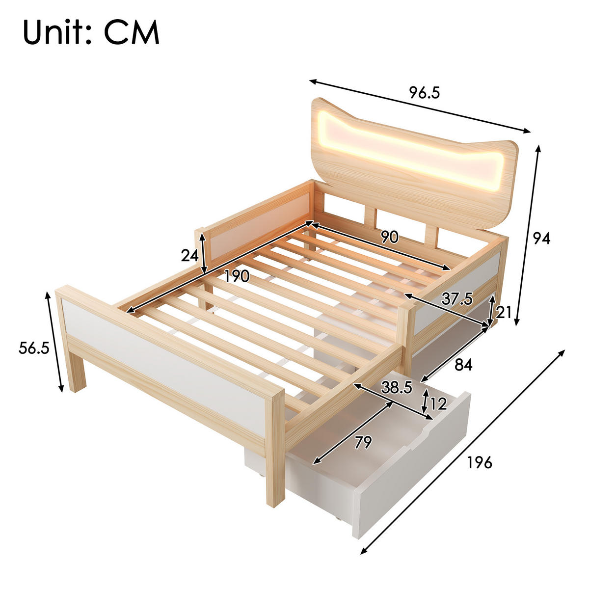 KINDERBETT 90/190 cm DE-00722, in Weiß & Eiche, LED Katzenohren und Schublade - Eichefarben, Holz (90/190cm) - ComfortXL