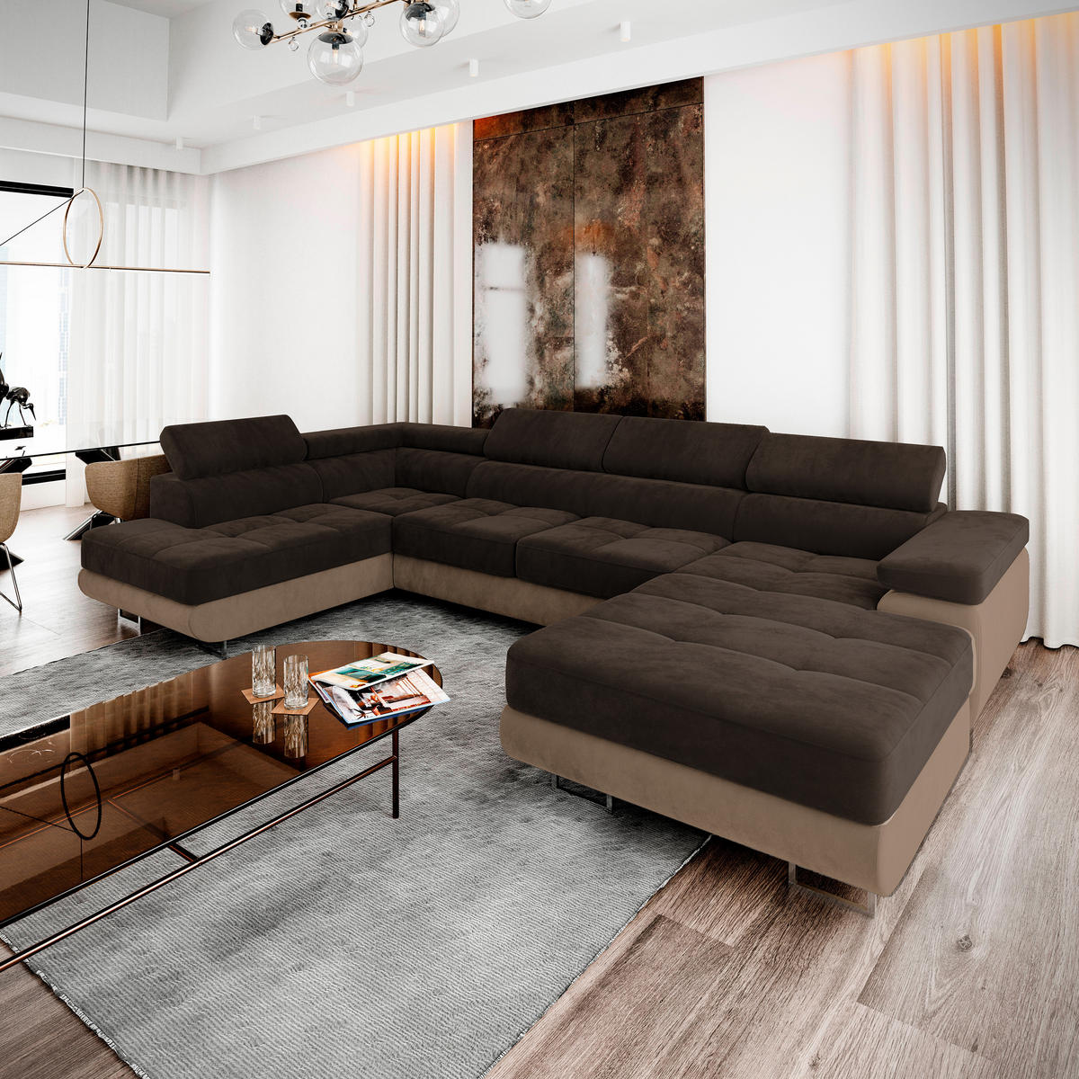 WOHNLANDSCHAFT CASONE L-S Braun Velours-Stoff mit Schlaffunktion - Braun, Holz (345/90/202cm) - MASSENO