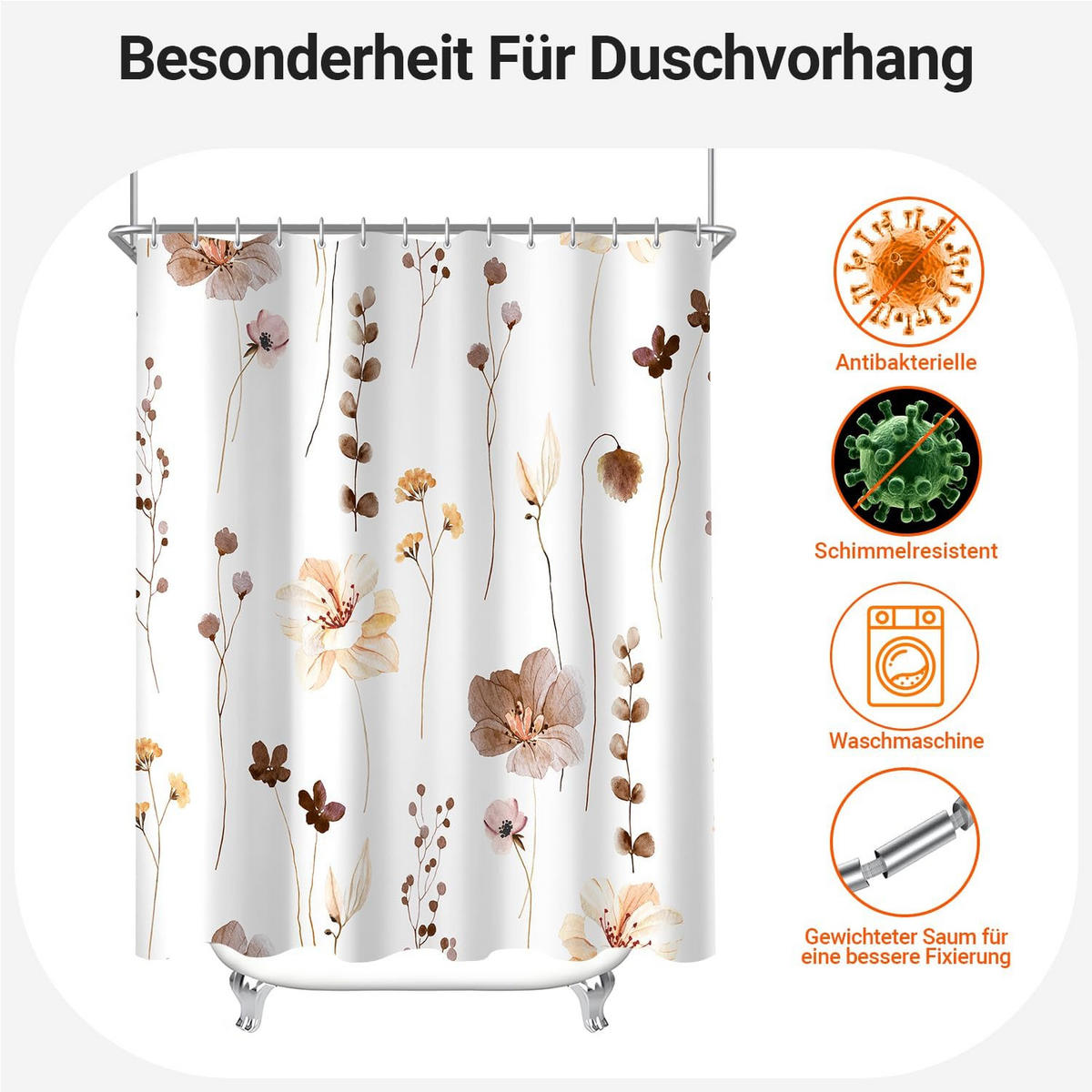 DUSCHVORHANG Braun floral Muster beschwerter Saum Polyester wasserfest schimmelresistent waschbar - Weiß, Textil (200/180cm) - MCBOSON