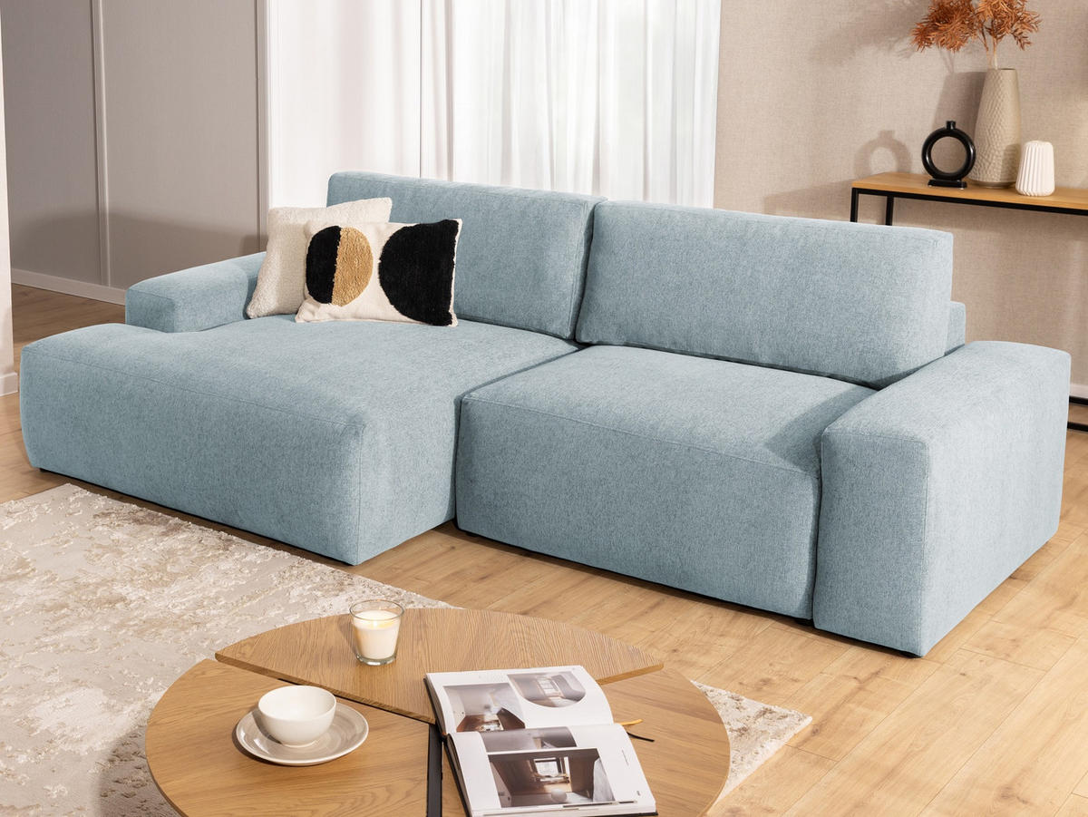 ECKSOFA inkl. Hocker Lennon aus Hellblau Strukturstoff mit Schlaffunktion und Bettkasten - Schwarz/Hellblau, Holz/Kunststoff (137/264cm) - S-Style