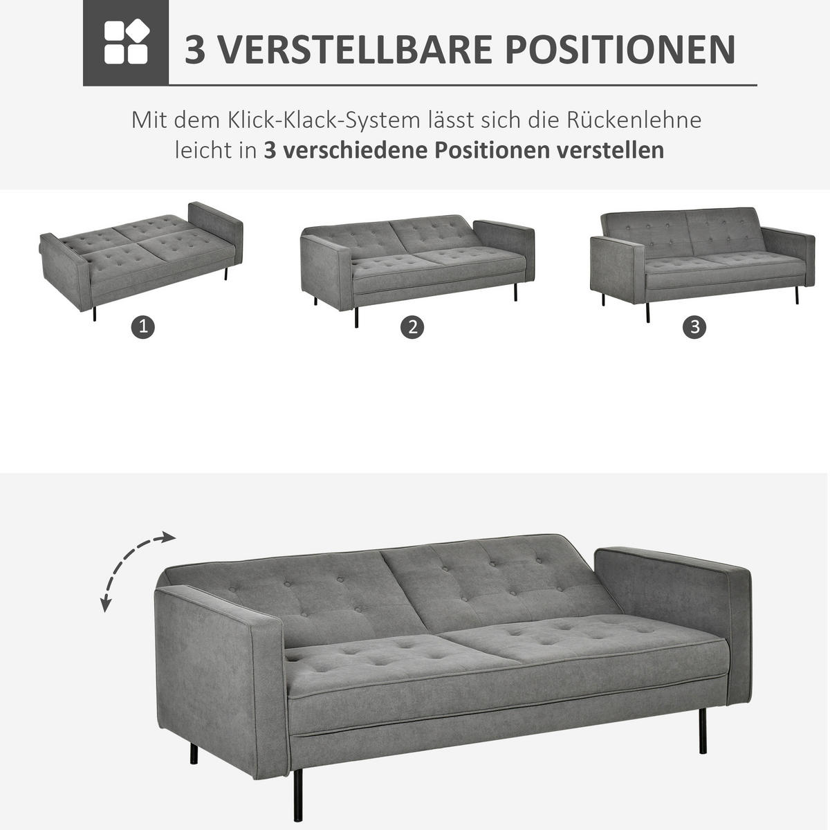 SCHLAFSOFA 3-Sitzer Schlafcouch verstellbarer Bettsofa mit Schlaffunktion Grau - Grau, Textil (91/85/187cm) - HOMCOM
