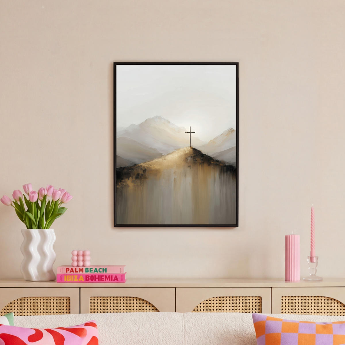 LEINWAND Bilder mit Rahmen - Hügel - Abstrakt - Kreuz - Christentum - 60x80 - Beige, Textil (60/80cm) - MuchoWow