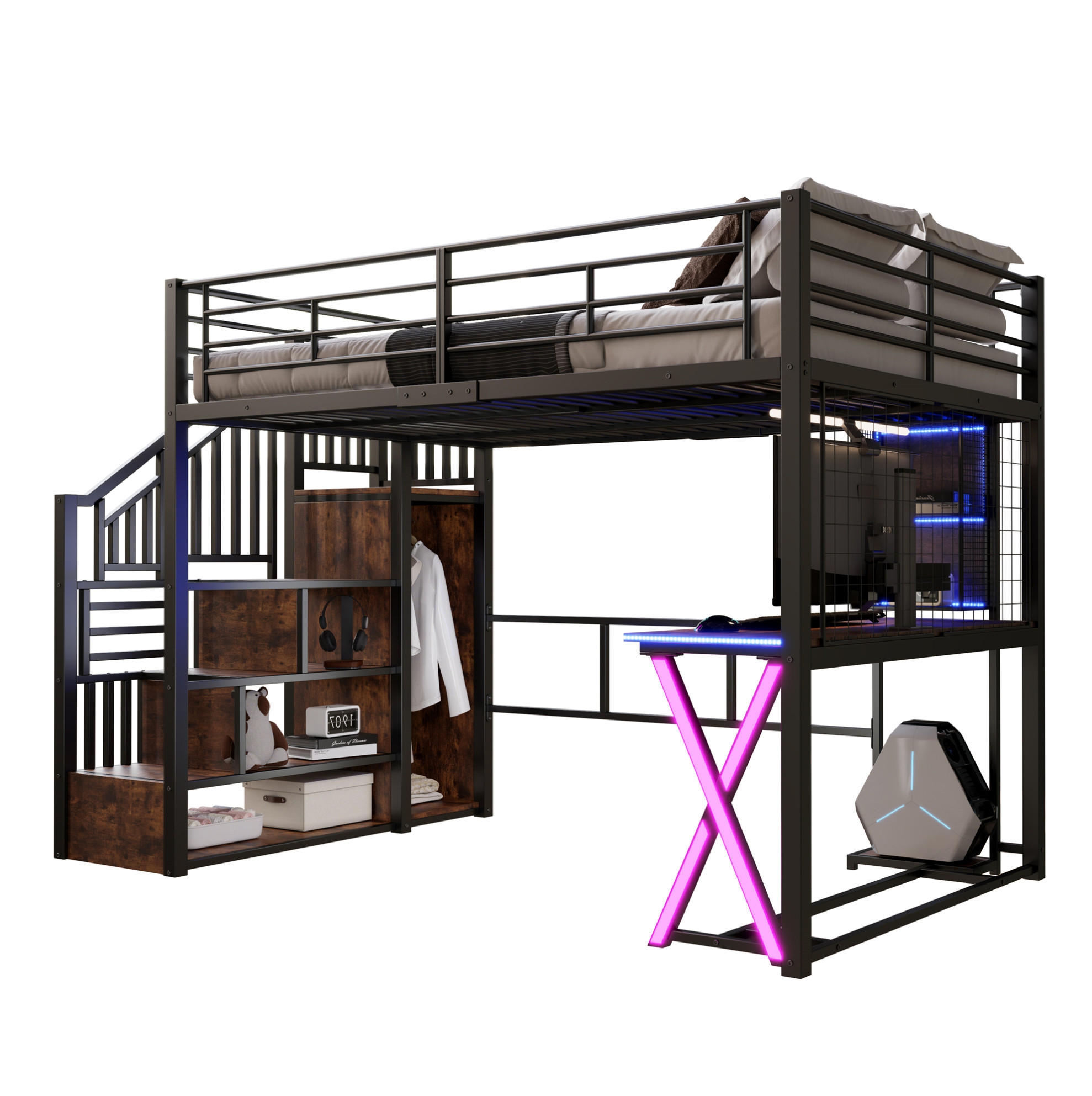 HOCHBETT 140/200 cm aus Metall und MDF mit LED-Beleuchtung, Ablageleiter, Schreibtisch, Kleiderschrank und Regalen, Schwarz - Schwarz, Holzwerkstoff (140/200cm) - Redom