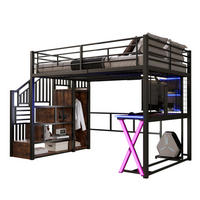 HOCHBETT 140/200 cm aus Metall und MDF mit LED-Beleuchtung, Ablageleiter, Schreibtisch, Kleiderschrank und Regalen, Schwarz - Schwarz, Holzwerkstoff (140/200cm) - Redom