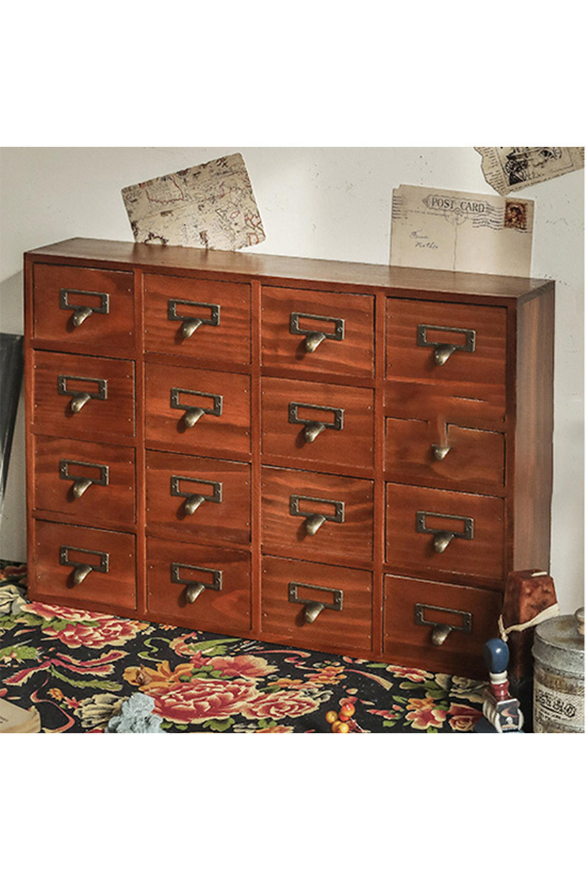 VINTAGE-APOTHEKERSCHRANK Aufbewahrungsbox aus Kiefernholz mit 16 Schubladen und Etikettenhaltern 50 x 10 x 35 cm - Naturfarben, Holz (10/50/35cm) - Livingandhome