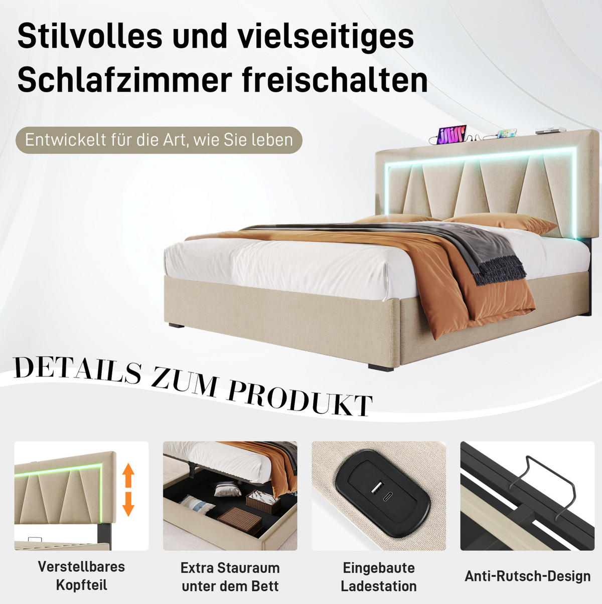 POLSTERBETT mit Stauraum, USB und LED 140x200 cm Leinen Beige - Beige, Metall (140/200cm) - Meubliv