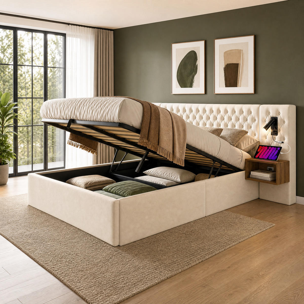 BETTANLAGE 160/200 cm in Beige mit Bettkasten, 2 Nachttischen, USB, Type-C und Leselampen Samt Retro-Design - Beige, Holzwerkstoff/Textil (160/200cm) - STILVORA