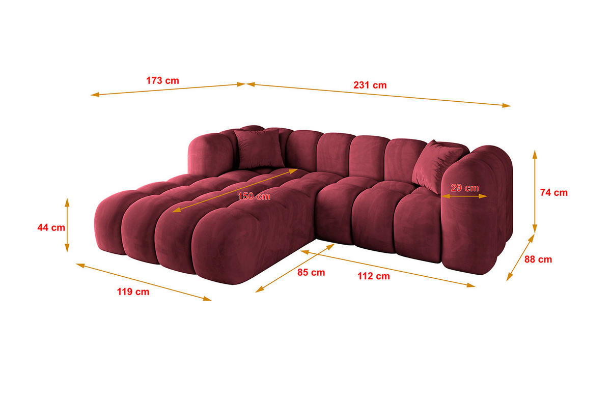 ECKSOFA Ottomane Links OLEA-L1 - 231x173x74 cm Bordeaux - Bordeaux/Schwarz, Holzwerkstoff/Kunststoff (231/173cm) - ALTDECOR