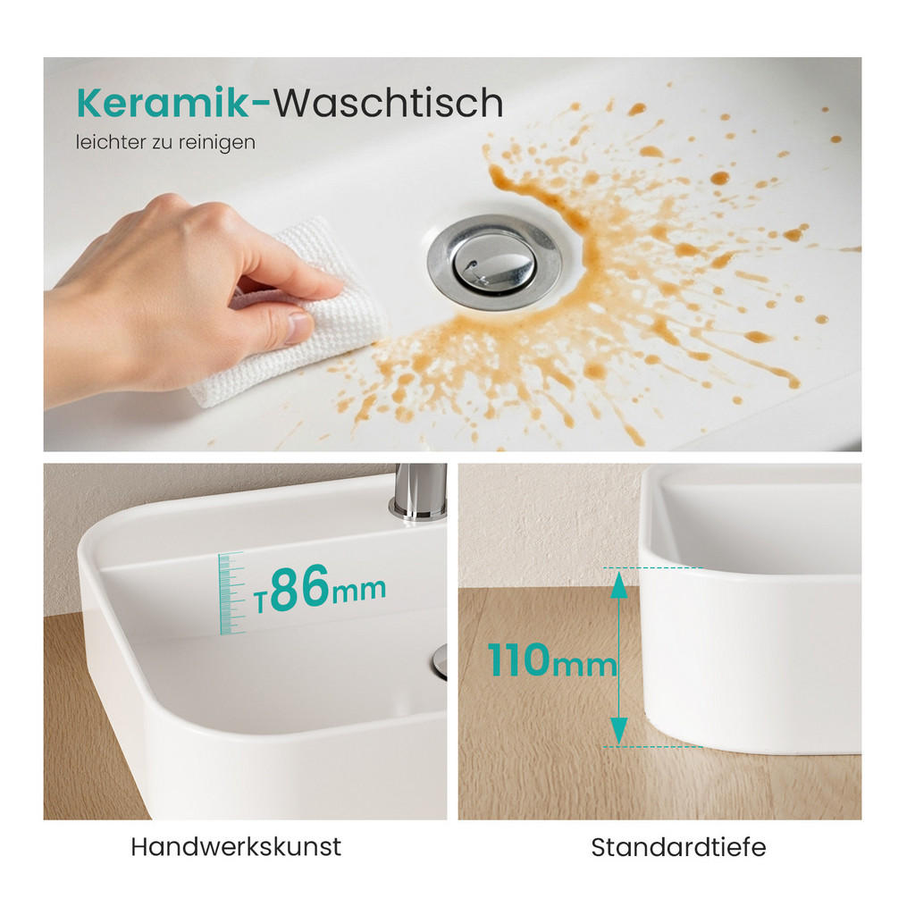 Thumbnail - Emke Waschbecken, Weiß Hochglanz, Keramik, Rechteckig, 40x11x70 cm, Badezimmer, Waschbecken & Armaturen, Waschbecken