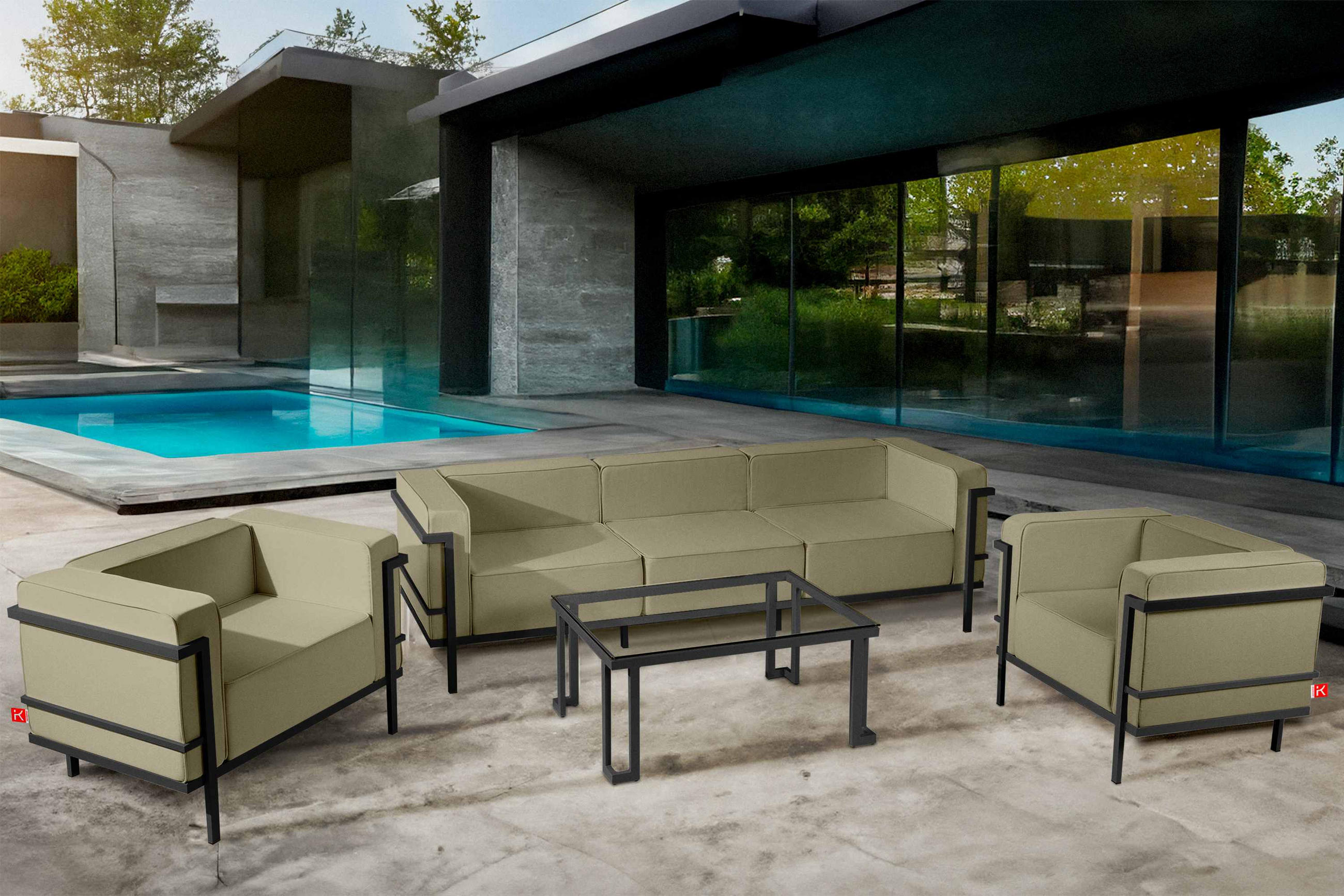 GARTENLOUNGE-SET TRIGLO 1x Tisch, 2x Sessel, 1x Sofa 3-Sitzer, 4-tlg., Modern, Dunkelgrau/Cremeweiß - Dunkelgrau/Creme, Textil/Metall - KONSIMO®