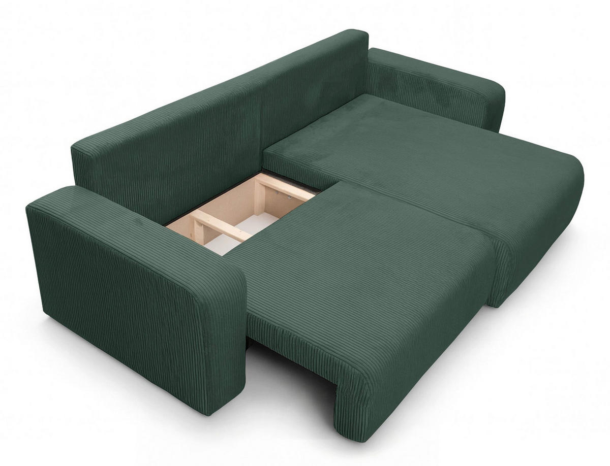 ECKSOFA NELLIO Cord Dunkelgrün 145 cm L-Form beidseitig - Dunkelgrün/Schwarz, Kunststoff/Textil (145/245cm) - Homebook