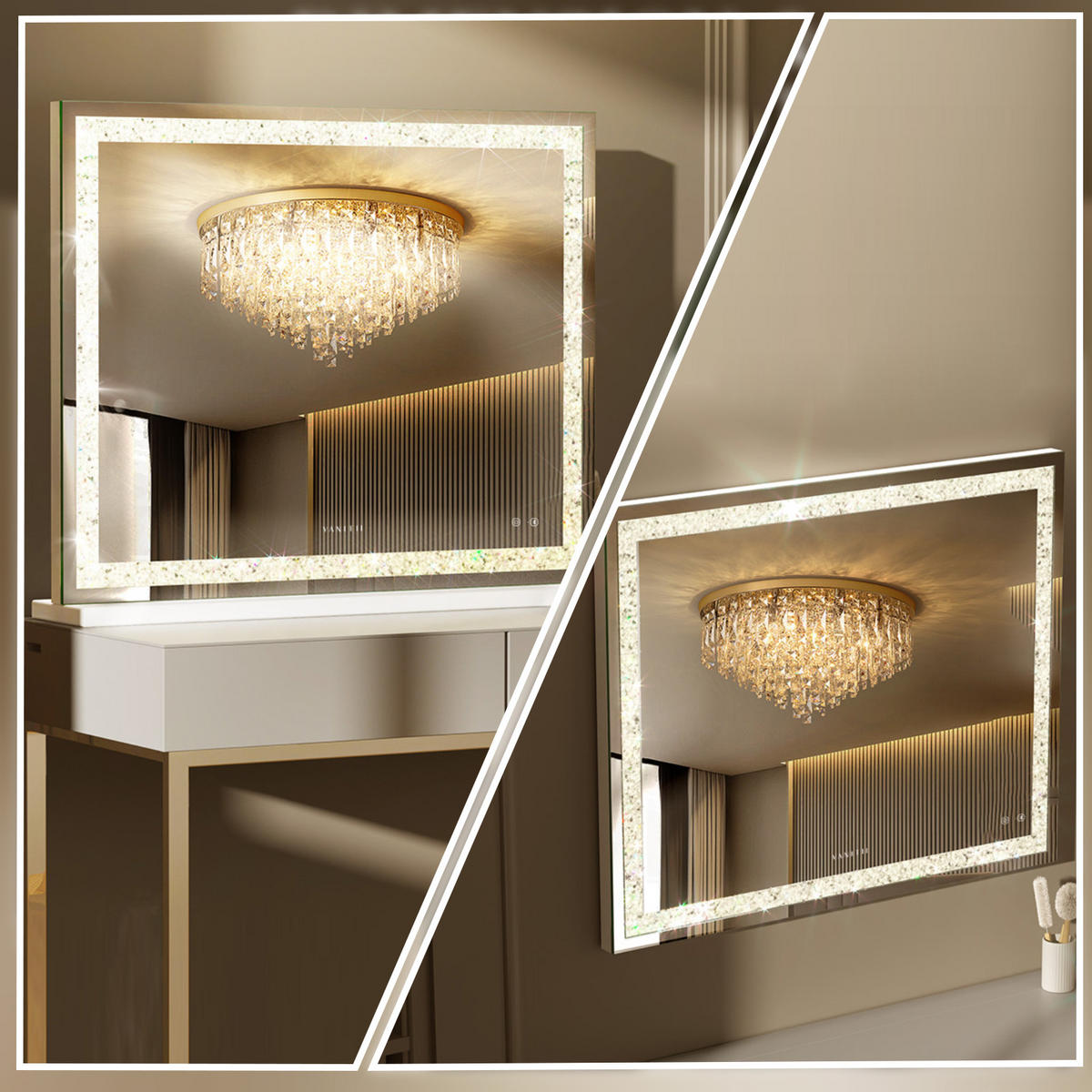 SCHMINKSPIEGEL mit LED Lichtleiste mit Diamant-Effekt und Bluetooth weiß 100/80 cm - Weiß, Metall (108/92/15cm) - VANITII