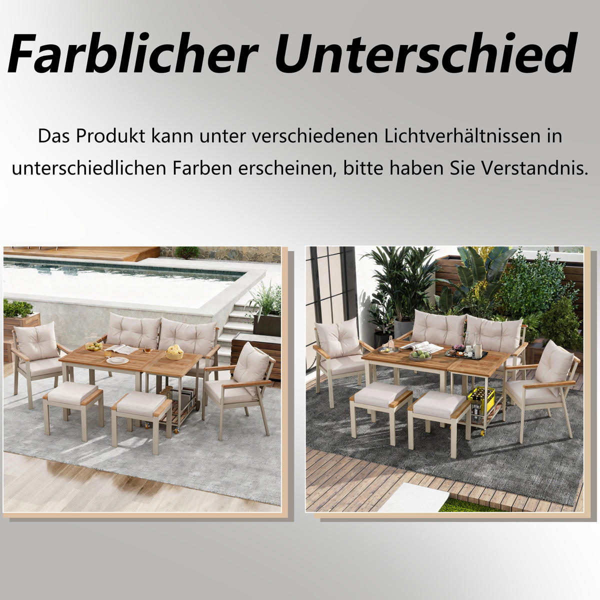 GARTENESSGRUPPE Beige/Natur 7 Personen aus Akazienholz inkl. Servierwagen - Naturfarben, Holz - PANGIVO