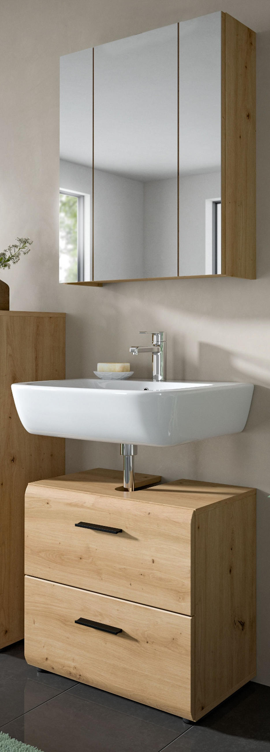 BADMÖBEL SET 2-teilig in Artisan Eiche, Badkombination 60 x 185 cm, Cover - Eichefarben/Schwarz, Glas/Holzwerkstoff (60/185/30cm) - Inn.Furn