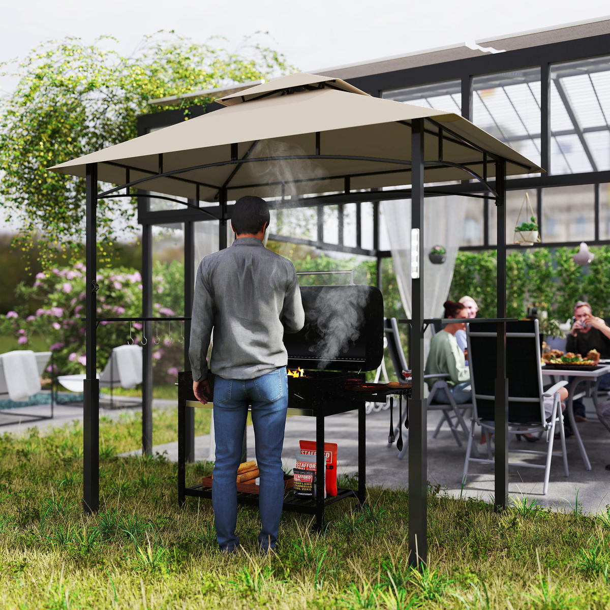 GRILLPAVILLON DE-12666 240/150/250 cm LED, 2 Regale, 8 Haken Kaki - Mokka, Metall (148/248/243cm) - ComfortXL