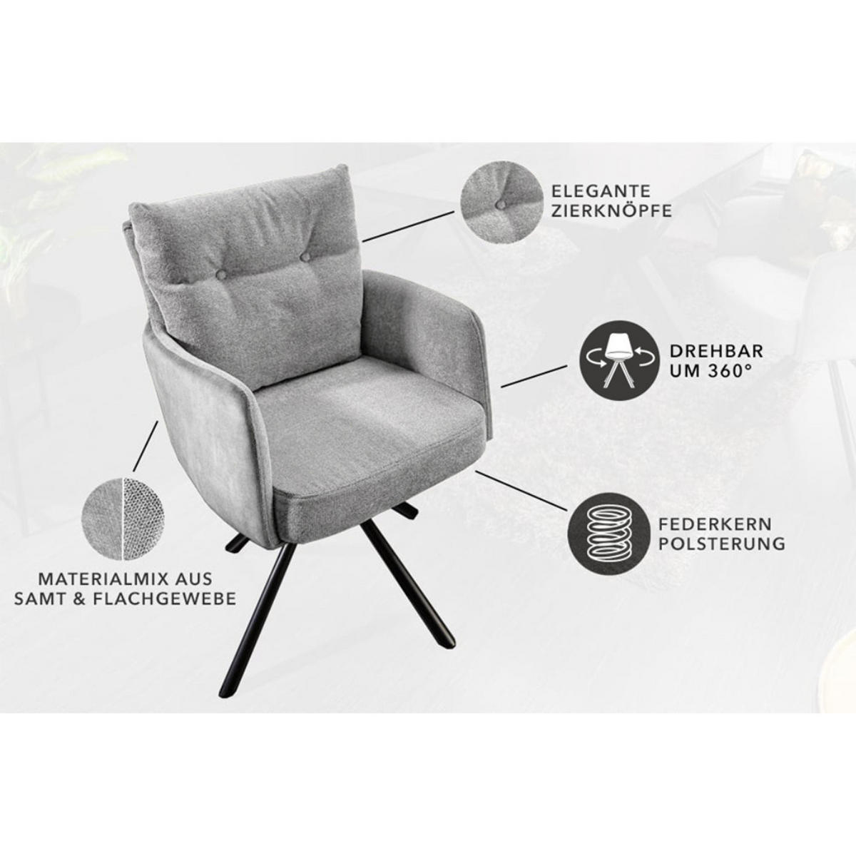 ARMLEHNSTUHL BIG GEORGE Samt, Strukturstoff Grau - Hellgrau, Textil (58/90/68cm) - riess-ambiente
