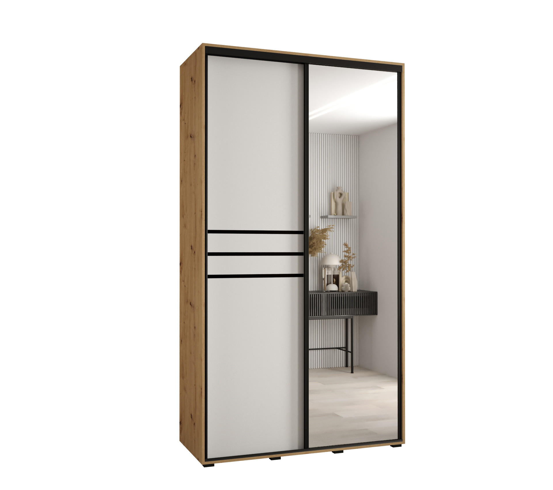 Abiks Möbel Schwebetürenschrank Eiche Artisan, Weiß, Schwarz 130x235x60 cm