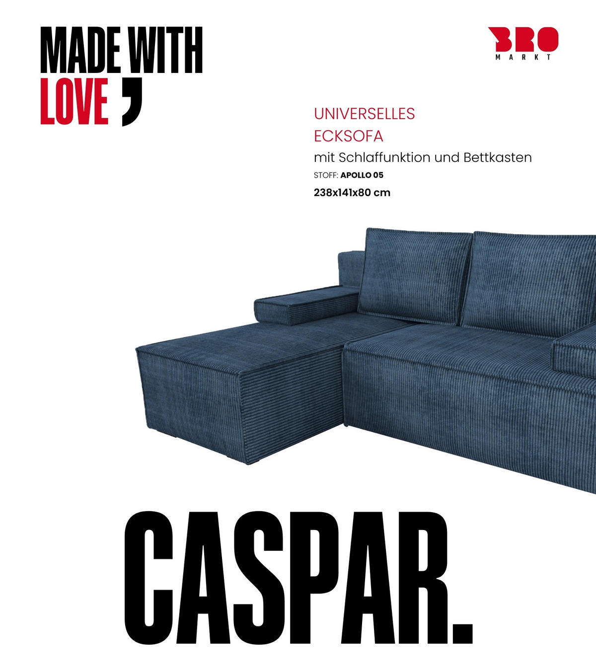 ECKSOFA Caspar mit Schlaffunktion Blau Cord - Blau, Textil (200/141cm) - Bromarkt