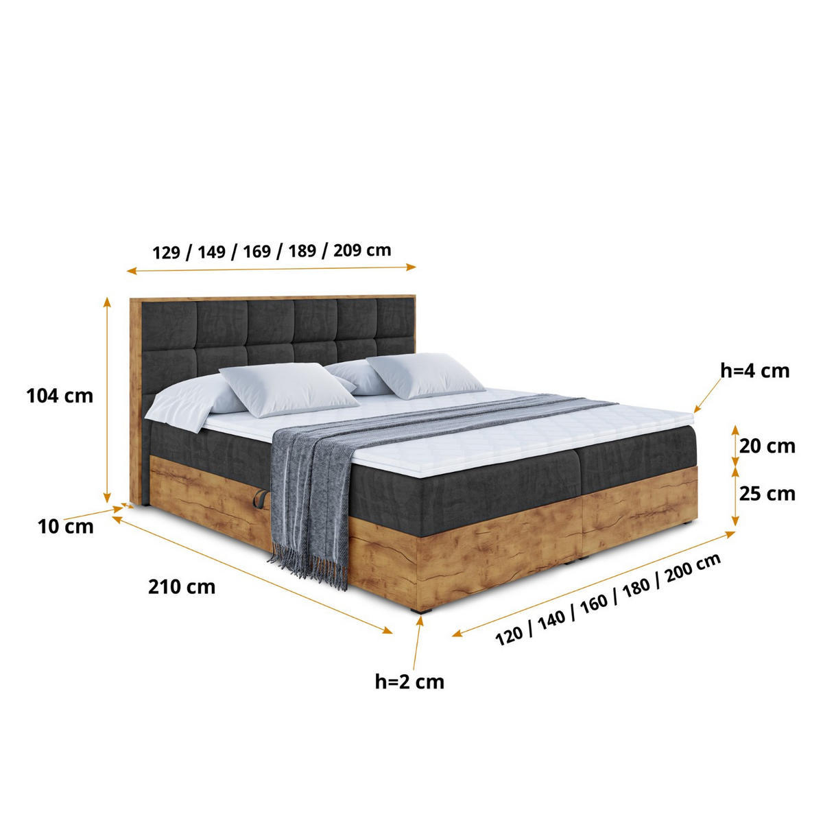 BOXBETT mit Matratze H4 und Lattenrost - LOLLI2 - 200x200 - Schwarz - Schwarz, Holzwerkstoff/Kunststoff (200/200cm) - ALTDECOR