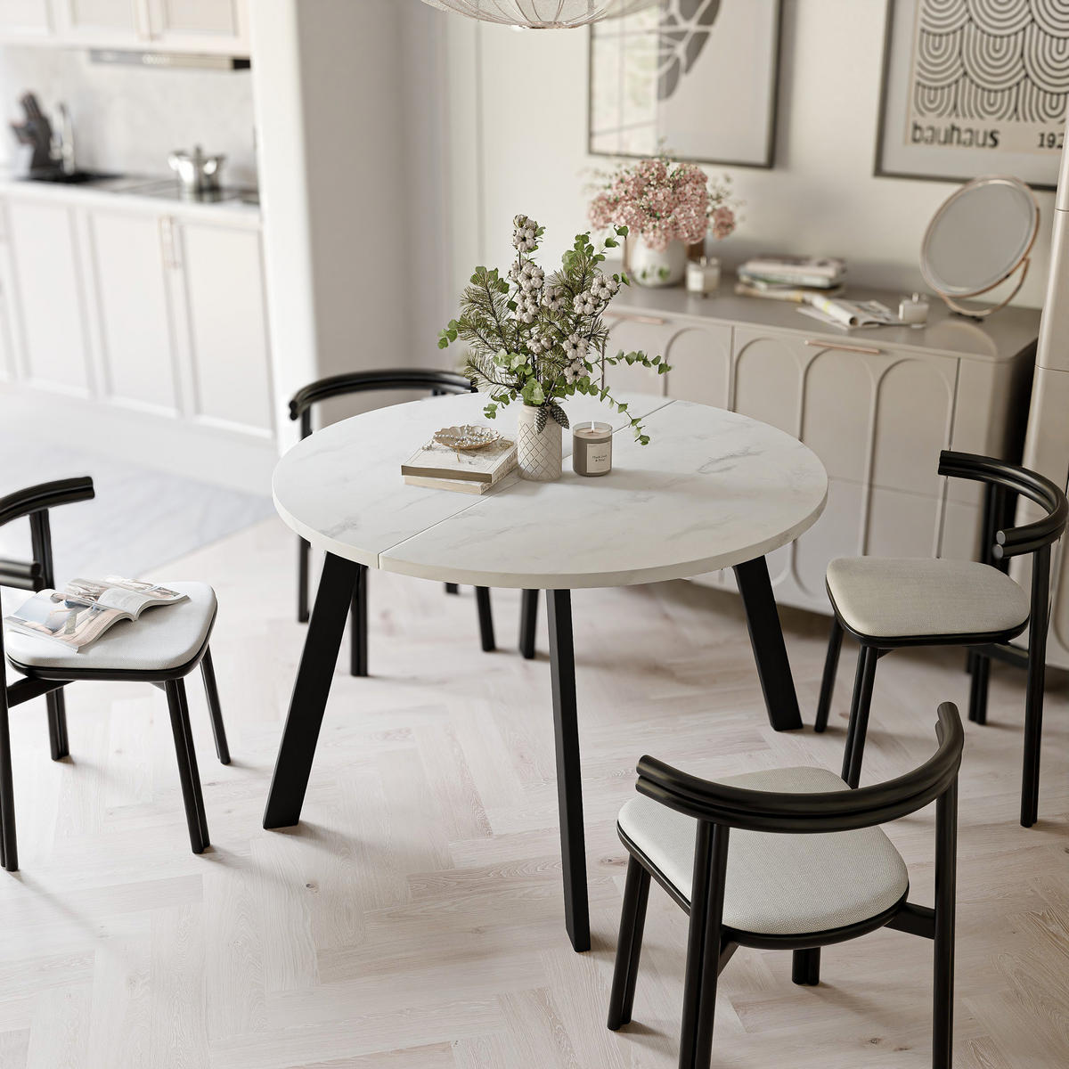 TISCH Schwarze Beine, MDF Tischplatte, Marmor Bianco - Schwarz/Weiß, Holzwerkstoff (100/100/76cm) - Idohome