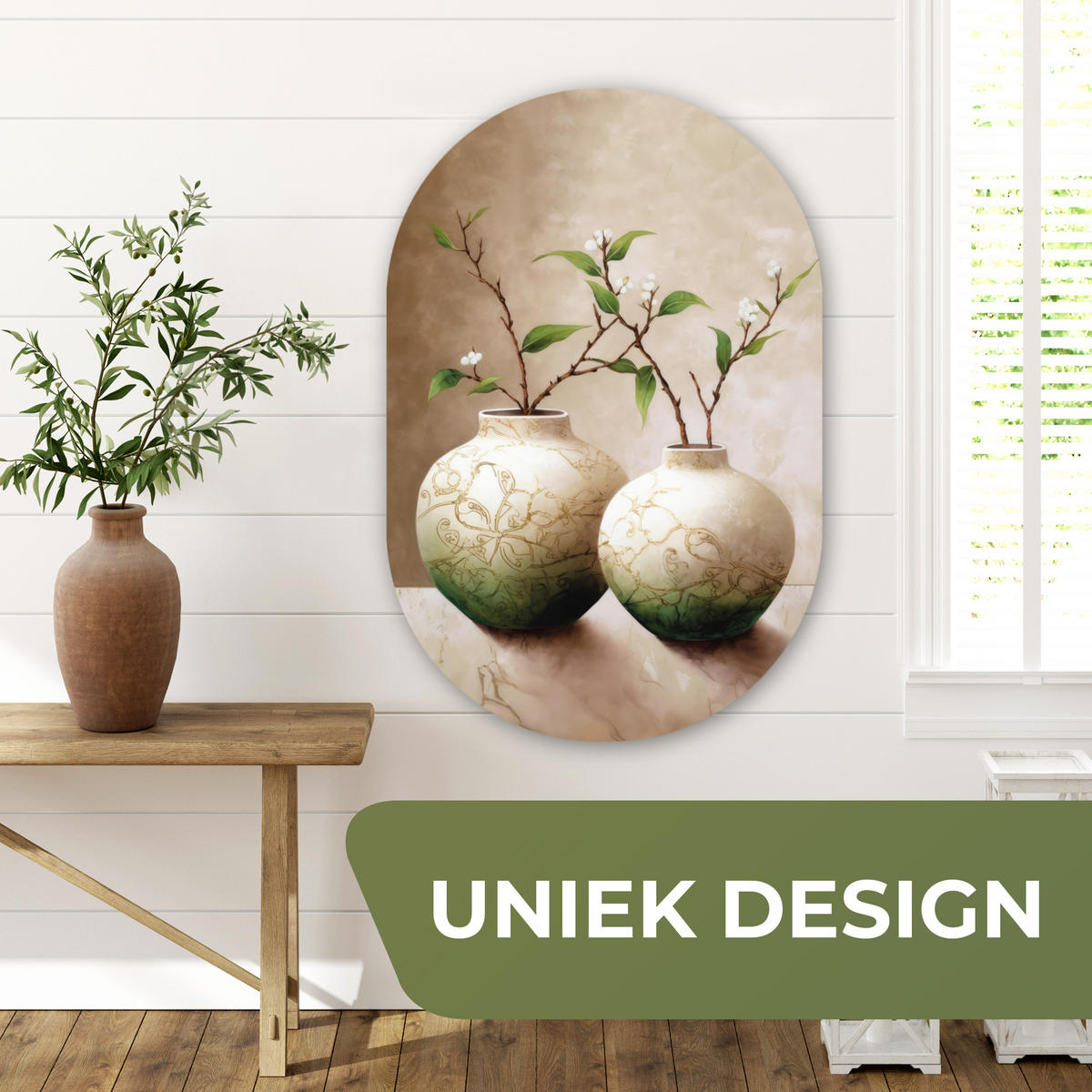 WANDBILD Blumen - Vase - Weiß - Botanisch - Beige Wanddeko Schlafzimmer 60x90 cm - Ecru, Kunststoff (60/90cm) - MuchoWow