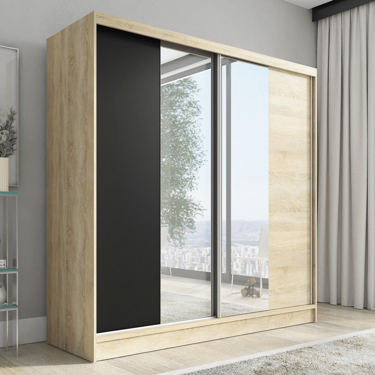 SCHWEBETÜRENSCHRANK 200 CM DUO Farbe: Sonoma | schwarz | sonoma - Schwarz/Braun, Holzwerkstoff (200/215/60cm) - A&J MöbelLand