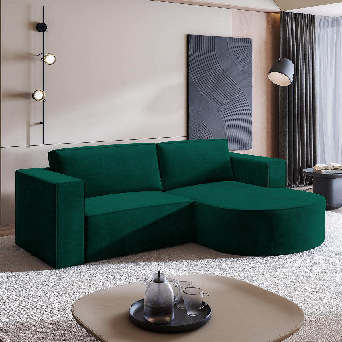 ECKSOFA SORELA M R-S Grün Velours-Stoff mit Schlaffunktion - Grün, Holz (263/174cm) - MASSENO