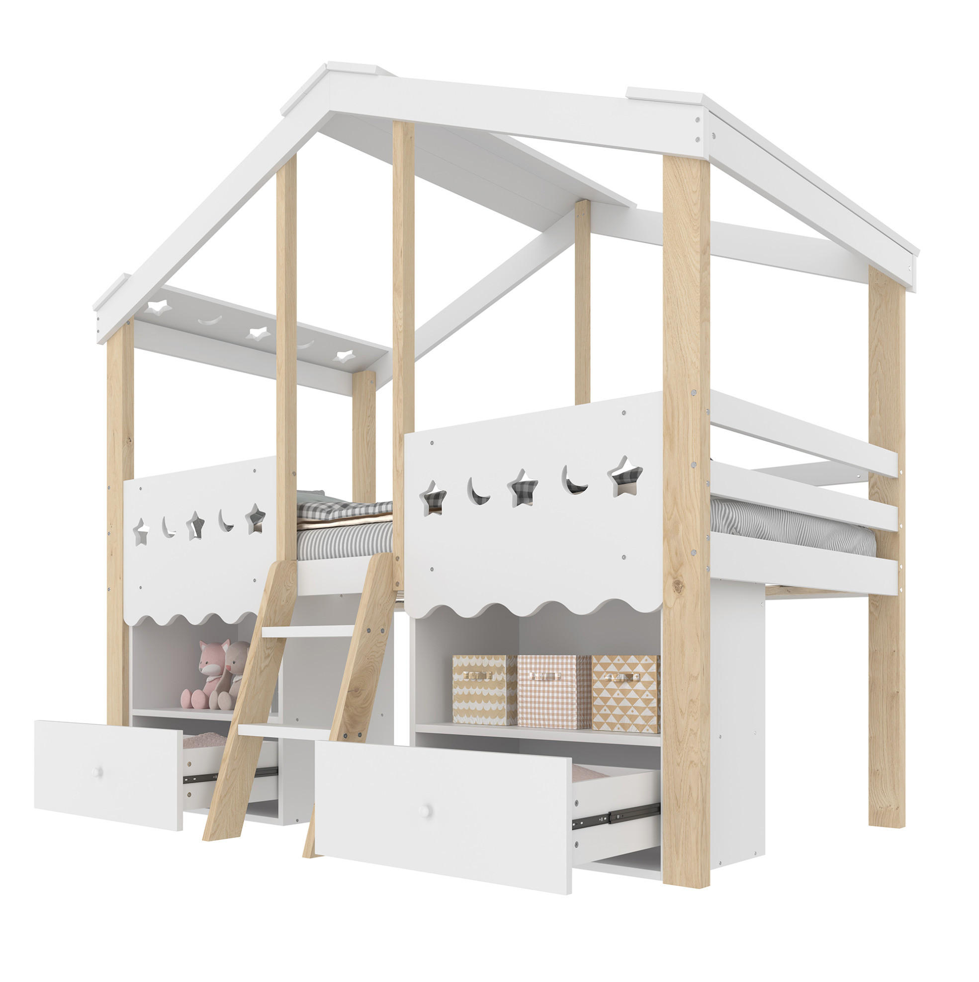 HALBHOHES BETT Hausform 90/200 cm, Weiß/Natur mit LED und Stauraum - Weiß, Holz (90/200cm) - MIVRAY