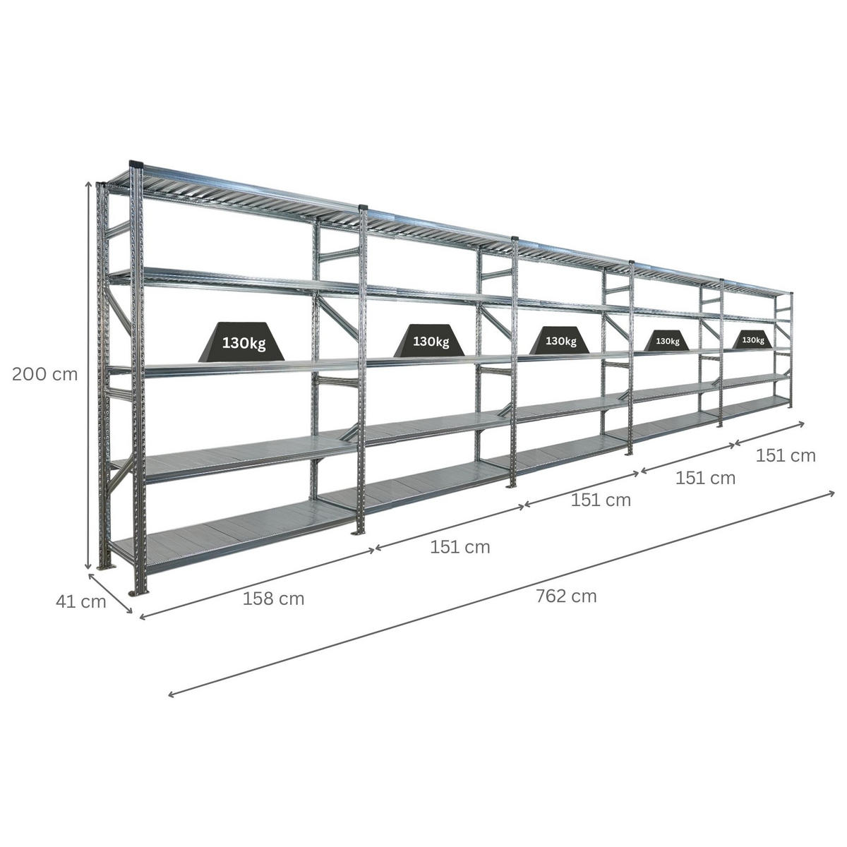 FACHBODENREGAL Proximo Stecksystem 200x750x40cm 5 Ebenen Fachlast 130 kg Beidseitig nutzbar Verzinkt - Silberfarben, Metall (750/200/40cm) - PROREGAL