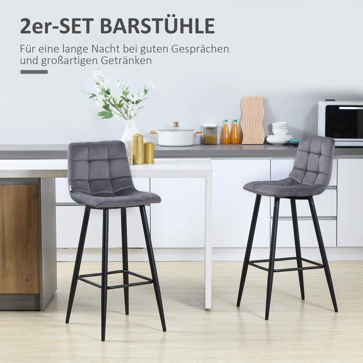2ER-SET Barhocker, Bistrohocker mit Fußstütze, Barstuhl, Samt-Bezug, Küchenstuhl - Grau, Textil (47/105/42cm) - HOMCOM
