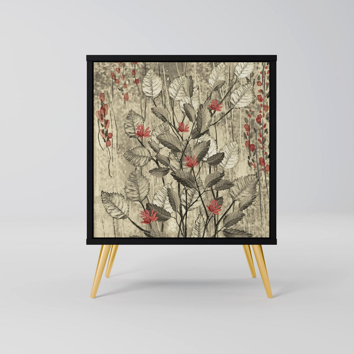 SIDEBOARD HERBAL GRACE, Schwarz, 57,5x42x72,5 cm, Schwarze Metallfüße - Multicolor/Schwarz, Holzwerkstoff/Metall (57.5/72.5/42cm) - SpaceRebels