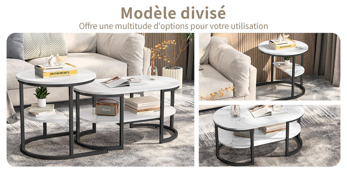 COUCHTISCH oval rund marmoroptik weiß schwarzgestell verschiebbar - Multicolor, Metall (80/46/41cm) - SHOPENTRA