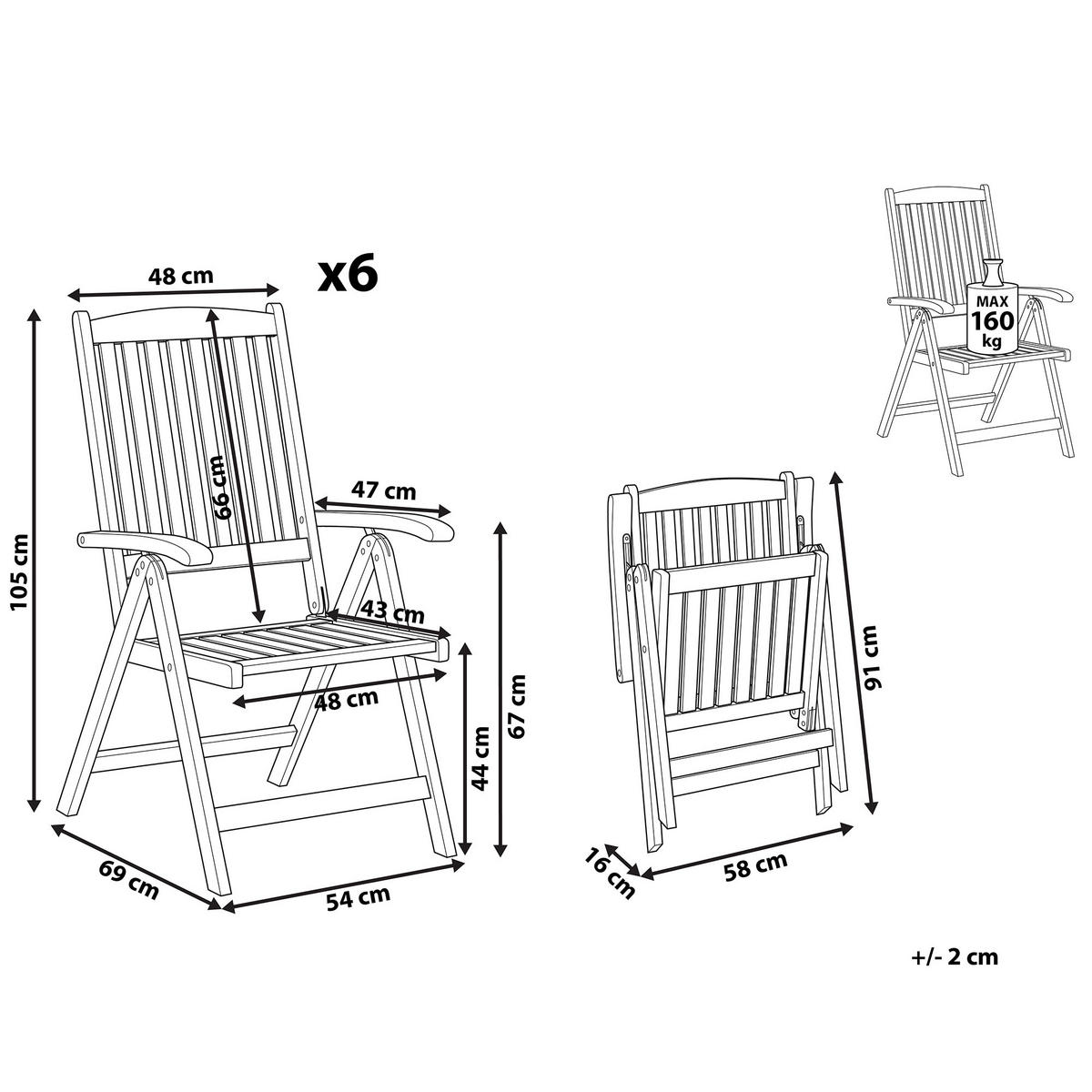 GARTENSTUHL 6er-Set Akazienholz hellbraun verstellbar Java - Hellbraun, Holz (54/105/69cm) - Beliani
