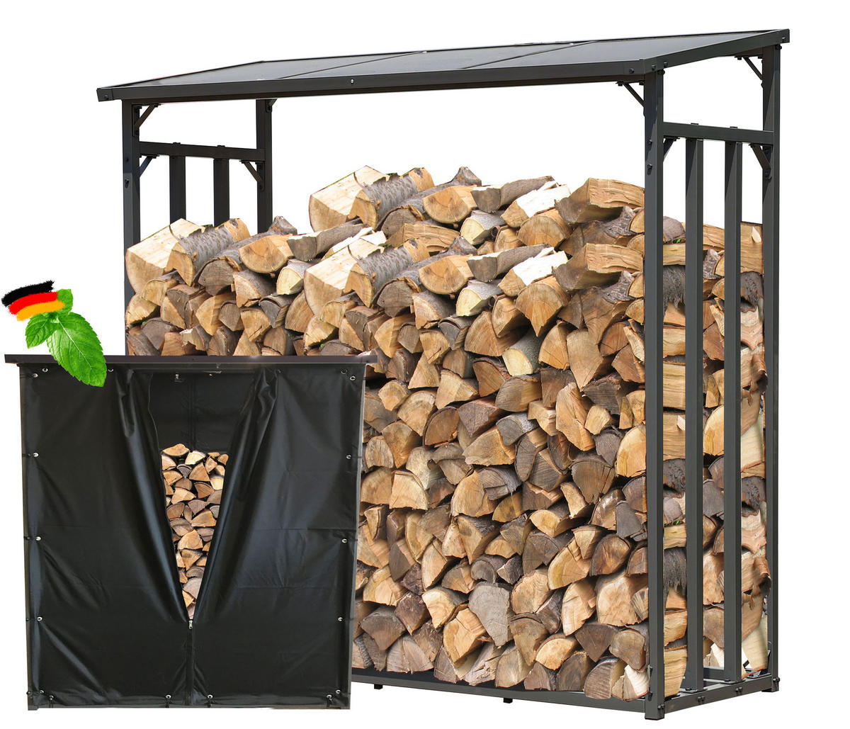 KAMINHOLZREGAL Außen 185x70x185 cm Metall Anthrazit mit Wetterschutz 2,3 m³ / 3,5 SRM - Anthrazit/Schwarz, Metall (185/185/70cm) - QUICK STAR