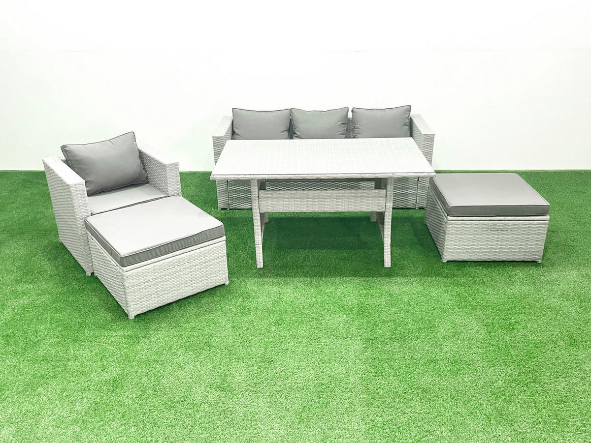 GARTENSET mit Esstisch,Sofa,2 Großer Hocker,Stuhl Polyrattan Hellgrau 6-Sitzer - Hellgrau/Grau, Glas/Kunststoff - Fimous