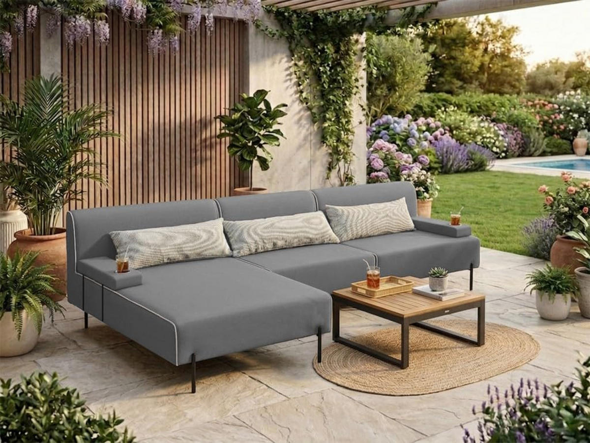 GARTENSOFA BORNEO S Wetterfest 300x170x86 cm, Links, Solide Konstruktion, HR-Schaumfüllung, Wetterfeste Bezugstoff, Grau - Grau, Holz/Metall (300/86/170cm) - Trada