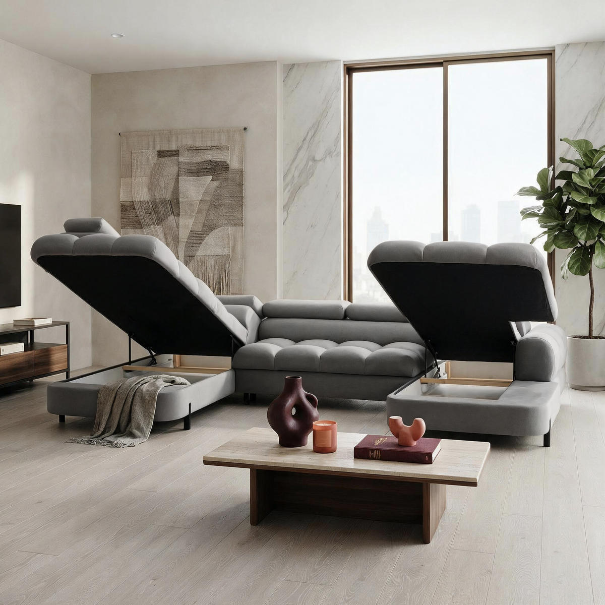 ECKSOFA U-Form BOWL U Links mit Schlaffunktion 125x265 Velours Grau - Schwarz/Grau, Holz/Textil (339/90/195cm) - Muffo