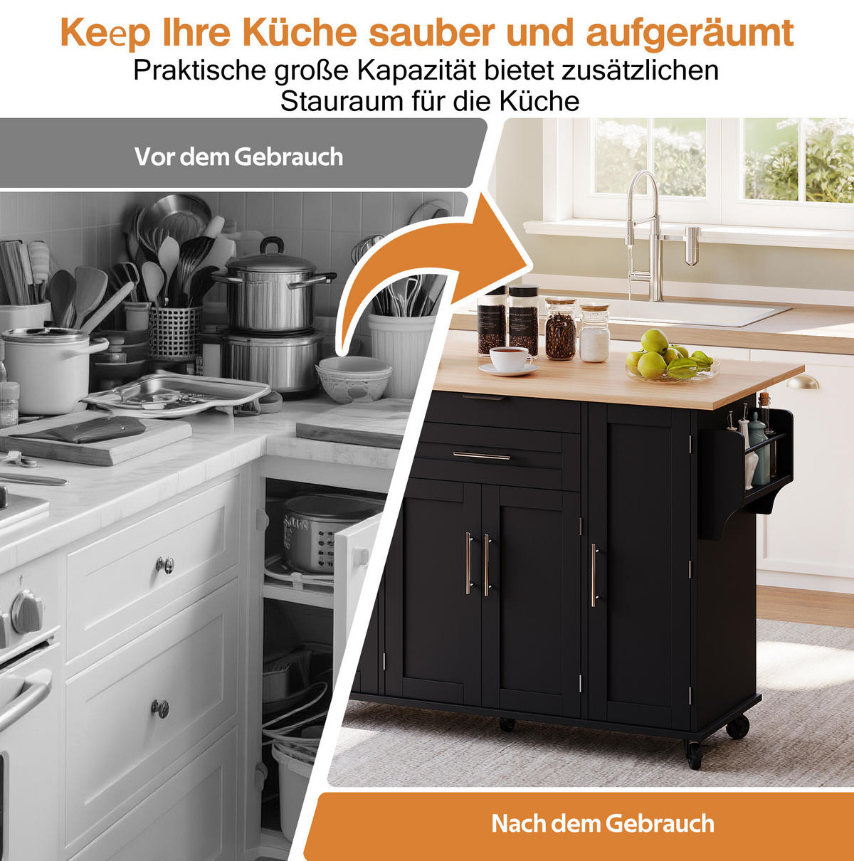 KÜCHENINSEL 136/70/92 cm aus MDF mit ausziehbarer Arbeitsplatte Schwarz/Natur - Schwarz, Holzwerkstoff (136/92/70cm) - Modenvie