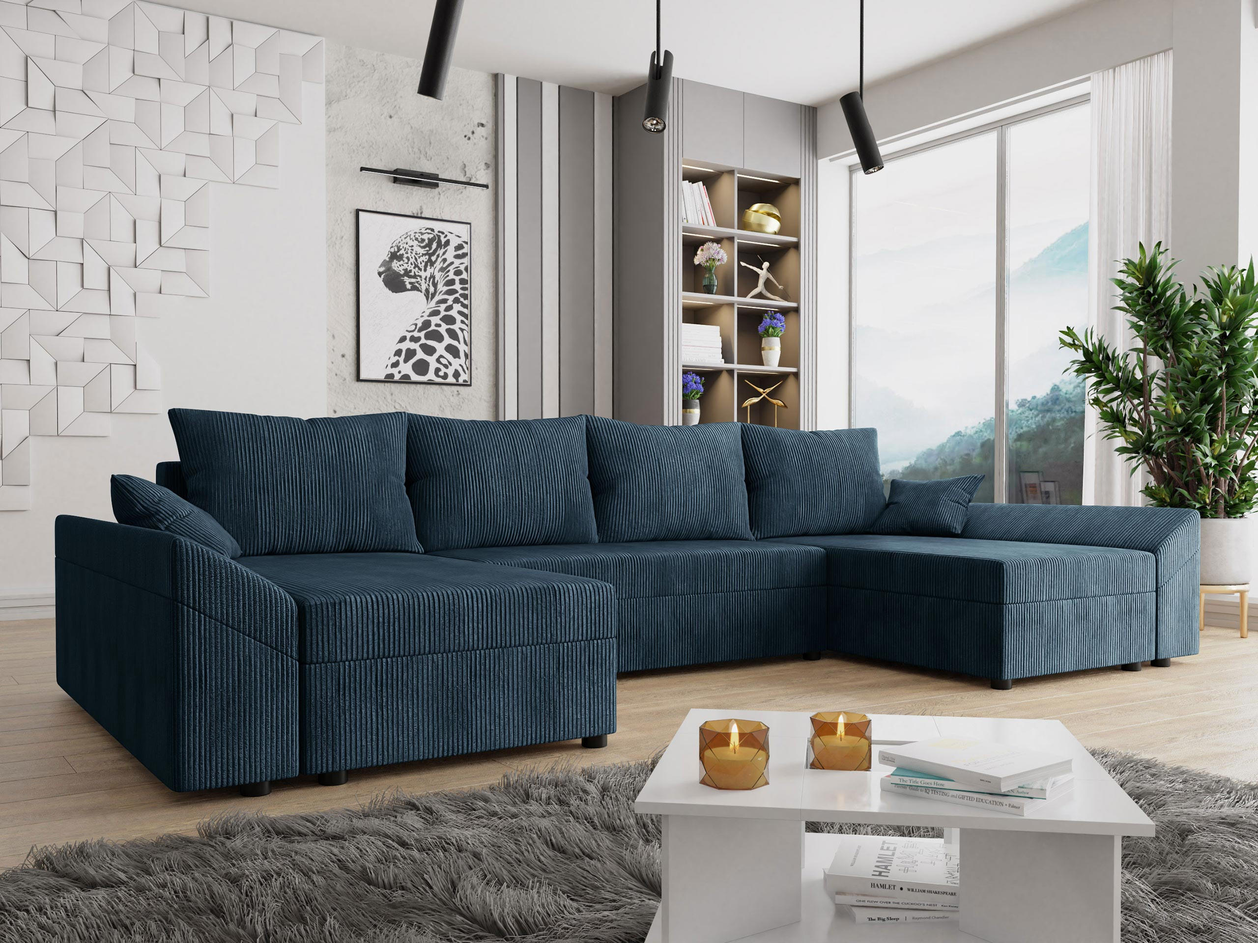 WOHNLANDSCHAFT Dante U Cord - Blau/Schwarz, Holz/Kunststoff (310/82/140cm) - MIRJAN24