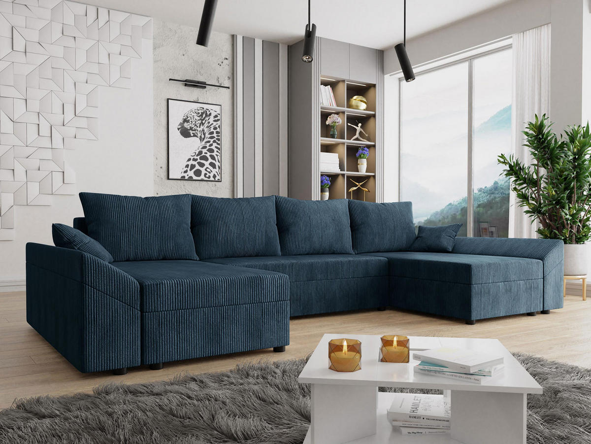 WOHNLANDSCHAFT Dante U Cord - Blau/Schwarz, Holz/Kunststoff (310/82/140cm) - MIRJAN24