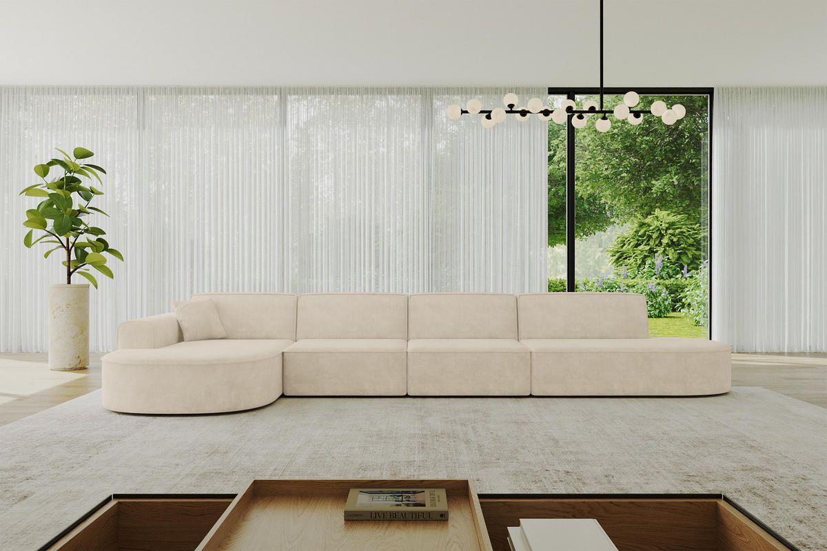 ECKSOFA Ottomane Links MARI-L3 - 413x171x79 cm Beige Velours - Beige/Schwarz, Holzwerkstoff/Kunststoff (413/171cm) - ALTDECOR