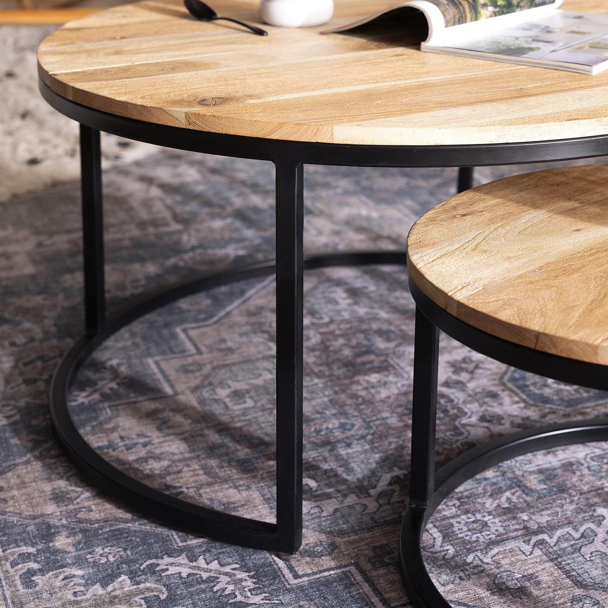 COUCHTISCH-SET - 2-teilig - Schwarz/Akaziefarben, Holz (80/80/42cm) - home24