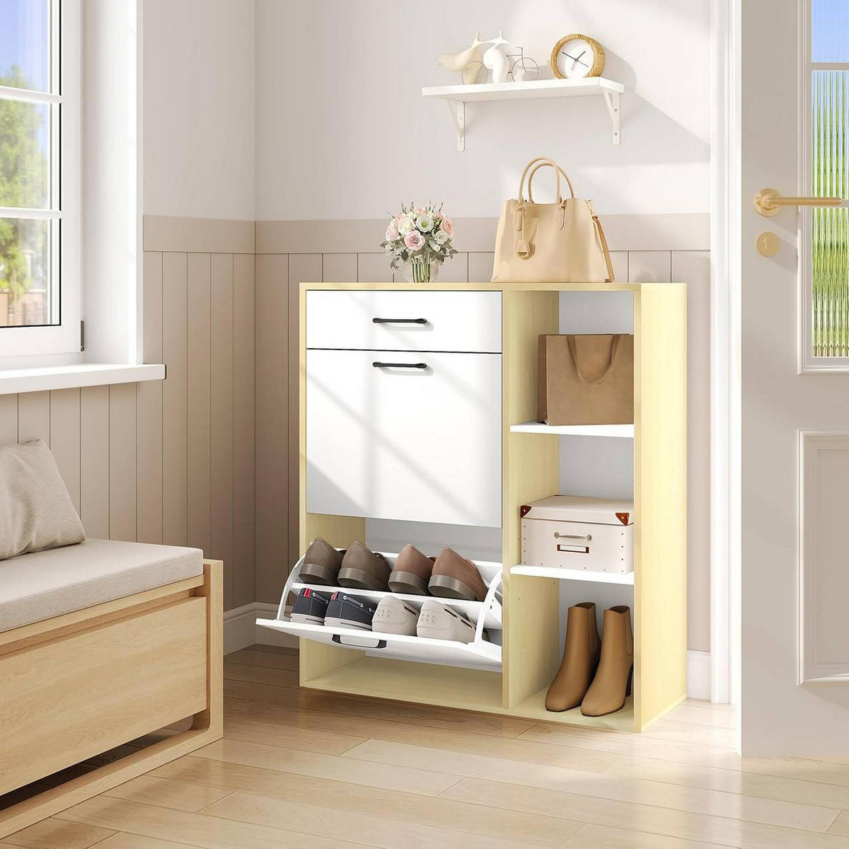 SCHUHSCHRANK mit 2 Klappfächern, Weiß+Naturholzfarbe - Weiß/Naturfarben, Holzwerkstoff/Kunststoff (80/90/30cm) - Woltu