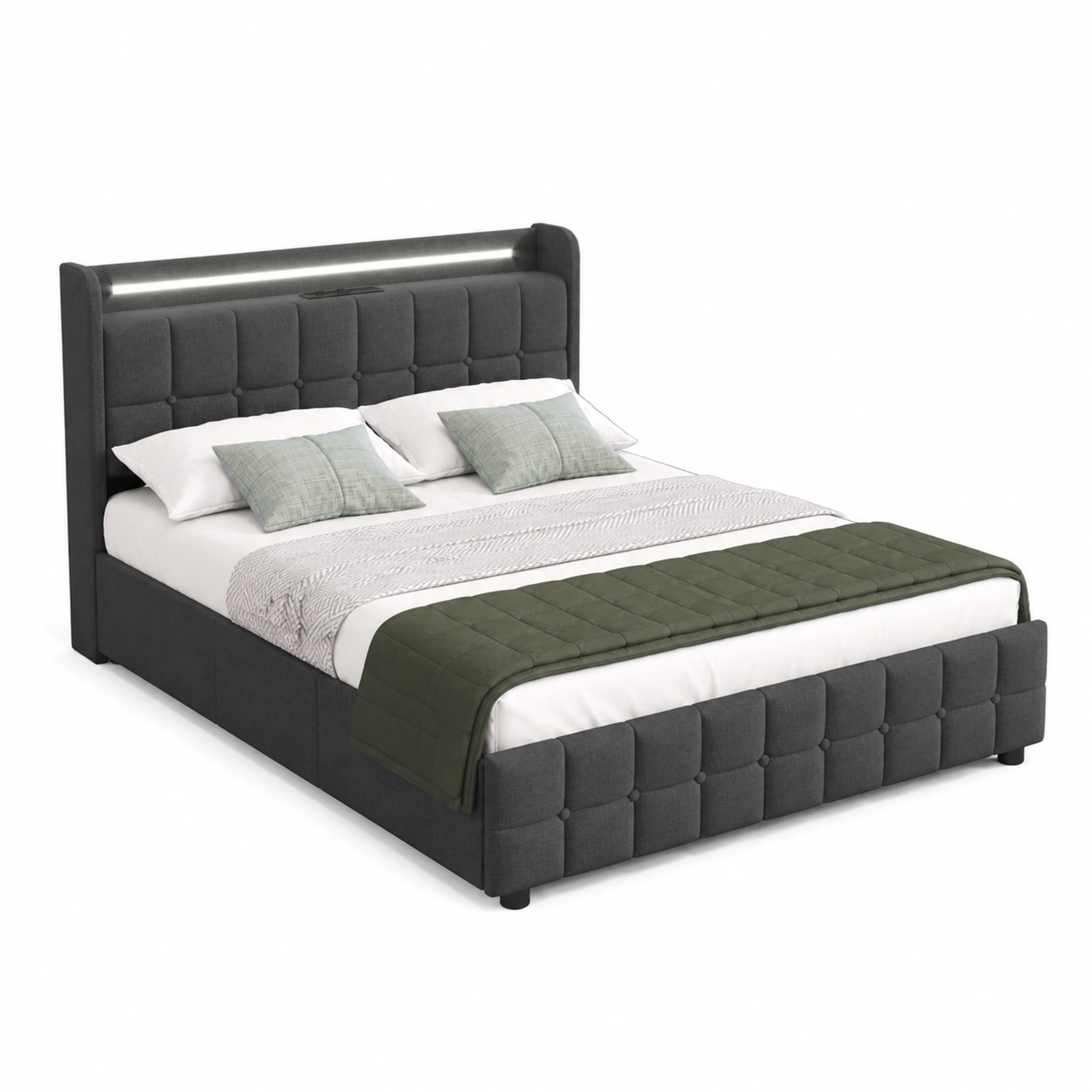BETT mit LED, USB und 4 Schubladen 140x200 cm Grau inklusive Matratze - Grau, Holz (140/200cm) - Meubliv