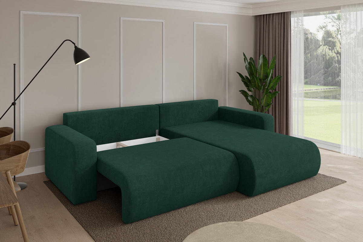 ROHOVÁ SEDAČKA s funkcí spaní, otoman vpravo BERY-L 276x193x88 zelená velur - černá/zelená barva, kompozitní dřevo/textil (276/193cm) - ALTDECOR