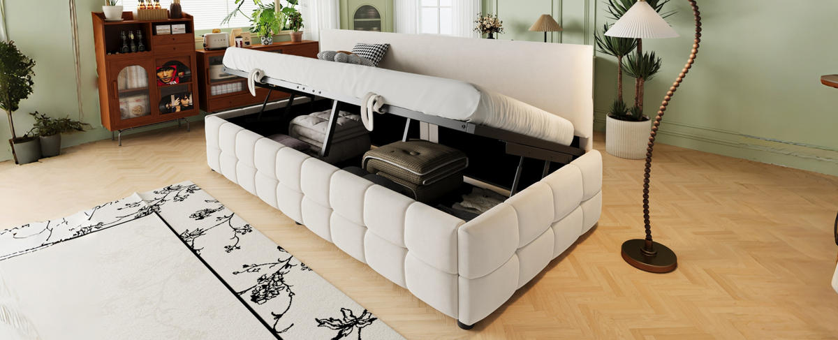 POLSTERBETT 90/200 cm Beige aus Samt mit Stauraum - Beige, Textil (90/200cm) - OKMYHOME