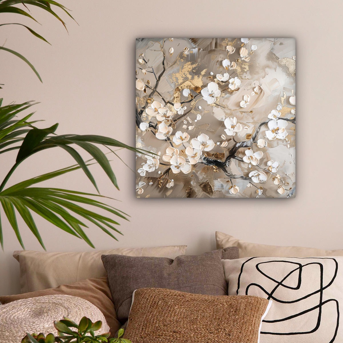 LEINWANDBILD - Blumen - Weiß - Gold - Beige - Luxus - 50x50 - Room Decor - Greige, Textil (50/50cm) - MuchoWow