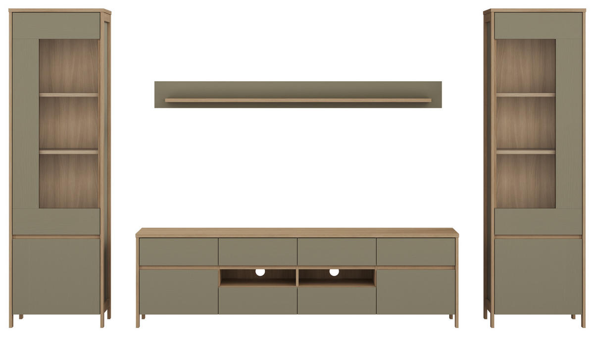 WOHNWAND Salbei grün, Eiche, Wohnkombination skandinavisch 4-teilig 339 cm, Soft-Close - Salbeigrün/Eichefarben, Glas/Holzwerkstoff (339/195/39cm) - Furn.Design
